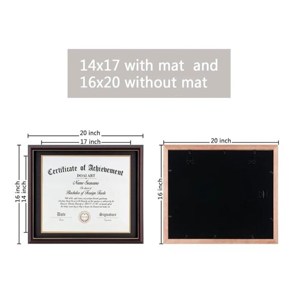 Diploma Frame 14 x 17 With Mat Solid 16 x 20 w/o Mat Wood Display Document/Cert - Picture 2 of 4